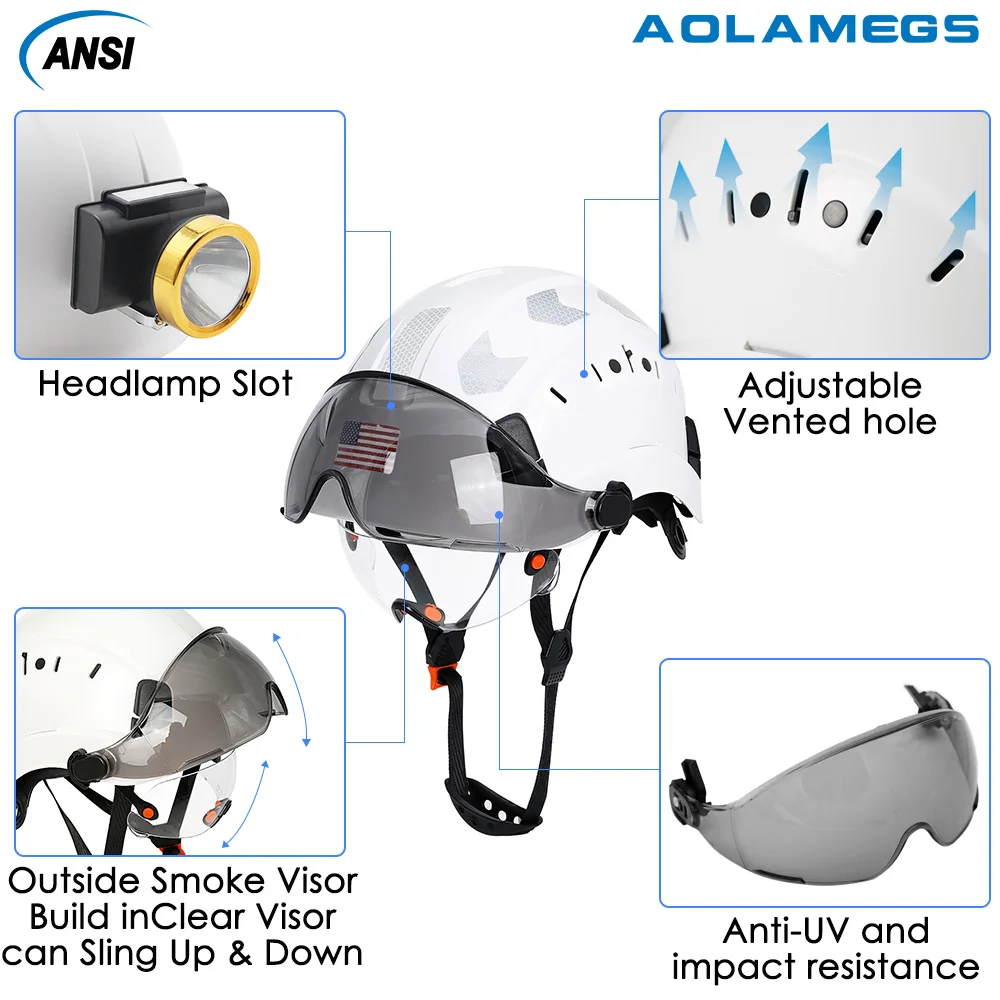 Bouw Veiligheidshelm Met Vizier Gebouwd In Bril Reflecterende Stickers Abs Helm Ansi Industrieel Werk Ce Ingenieur Cap