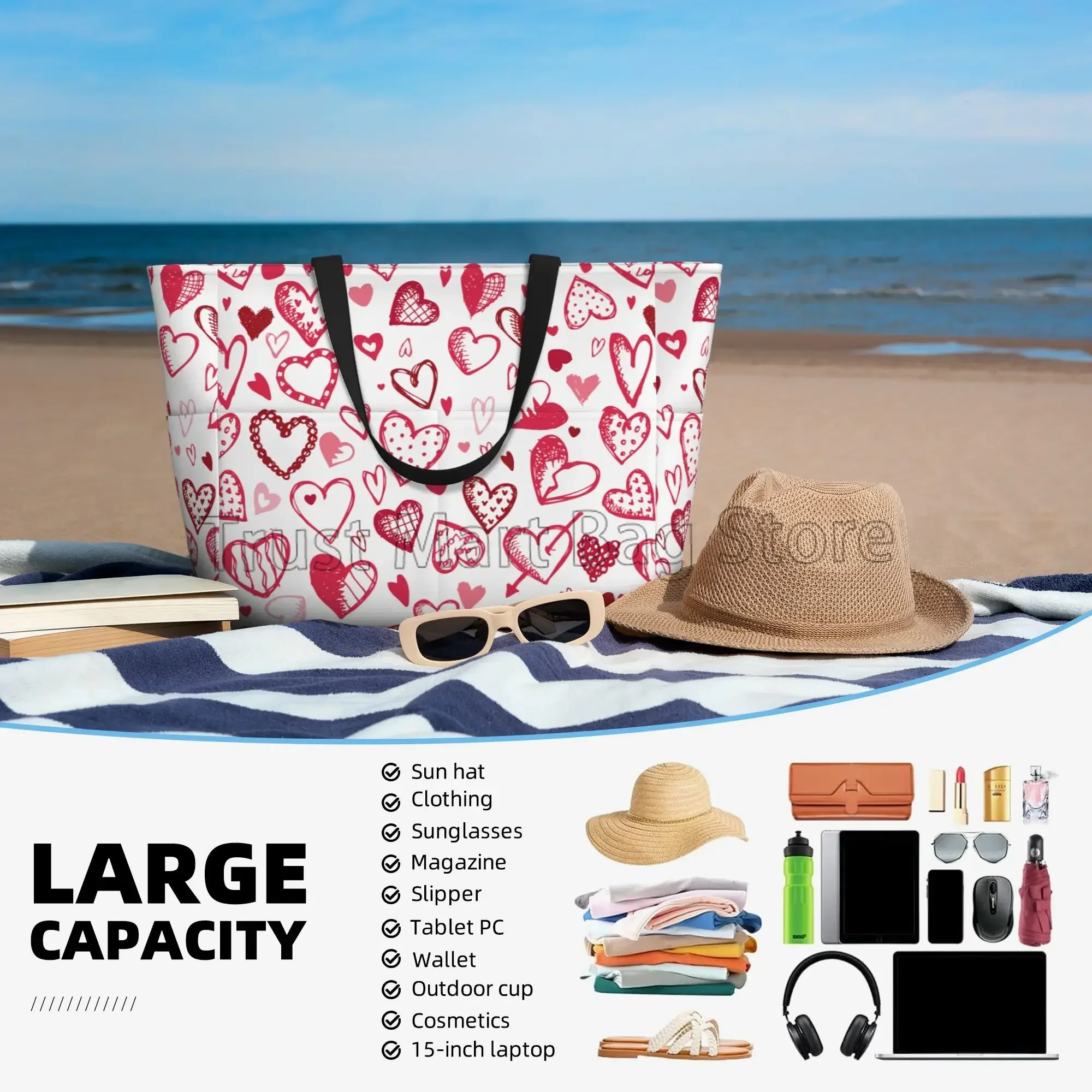 Large Beach Bags Waterproof Sandproof Pink Love Hearts Cute Beach Tote Bags for Women with Zipper for Travel Vacation Swim Gym