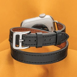 Double Tour Leather Strap for Apple Watch - Stylish Band for All Series (Black)
