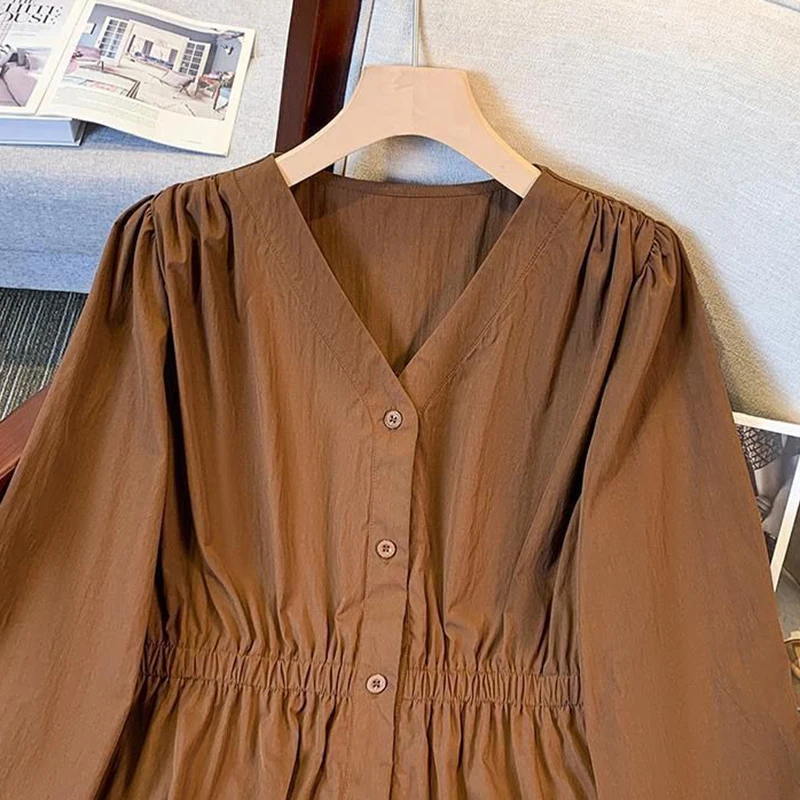 200 Pfund, Übergröße, einfarbig, V-Ausschnitt, elastische Taille, langärmelig, einreihiges Hemd und Bluse, einfaches Oberteil, lässige Damenbekleidung – Detail 4