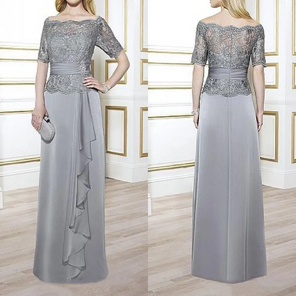 

Silver Grey Mother of the Bride Dress Off Shoulder Half Sleeve Ceremony Wedding Satin Chiffon Formal Plus Size Evening Prom Gown