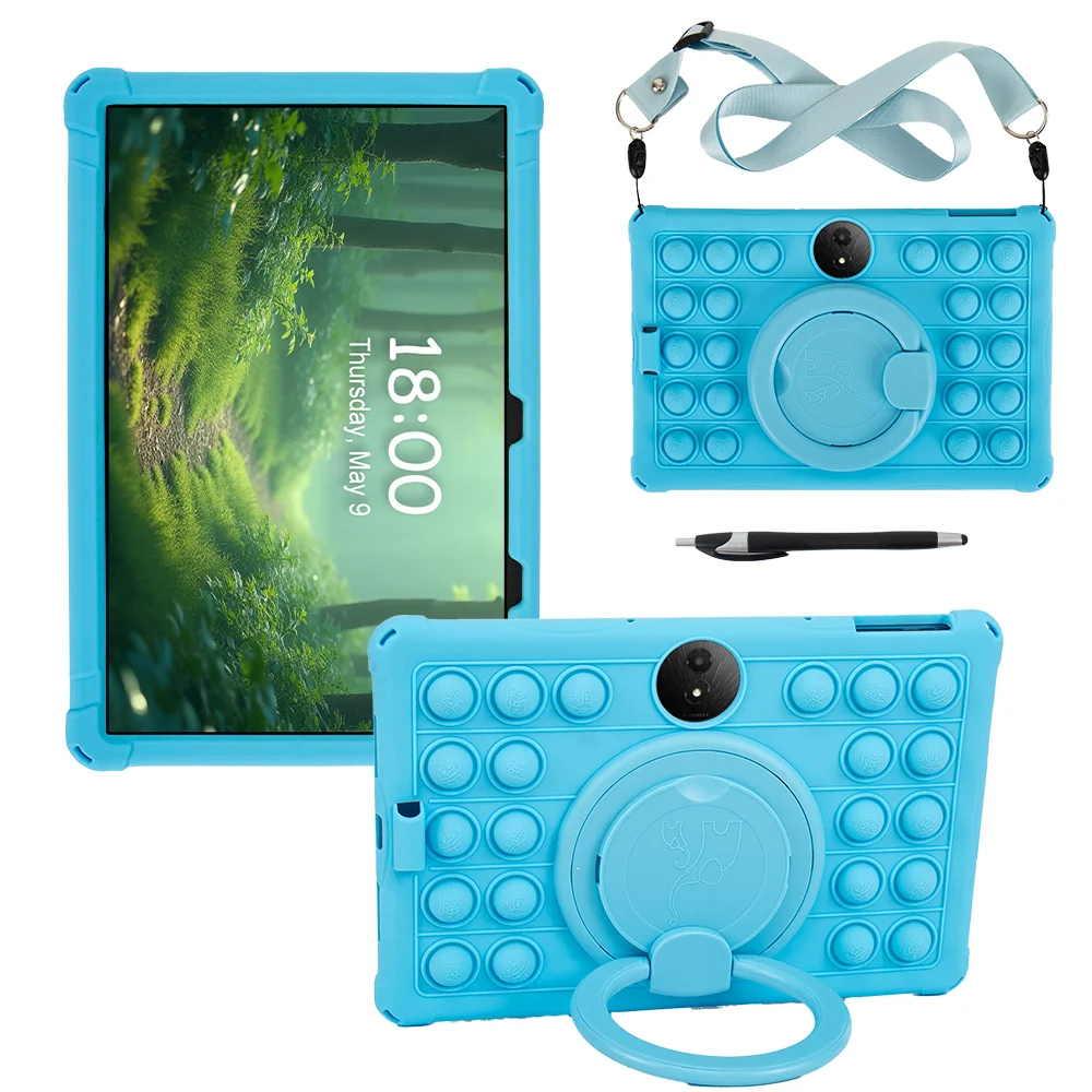 Universal 360° Rotating Tablet Stand Case with Handle Grip, Shoulder Strap, and Soft Silicone Cover