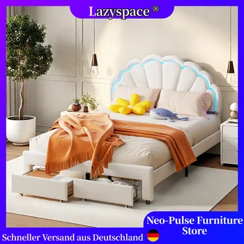 Lazyspace Letto in velluto con testiera a forma di fiore, struttura letto singola e doppia con luce a LED, estremità letto con cassetto, mobili per la casa 1