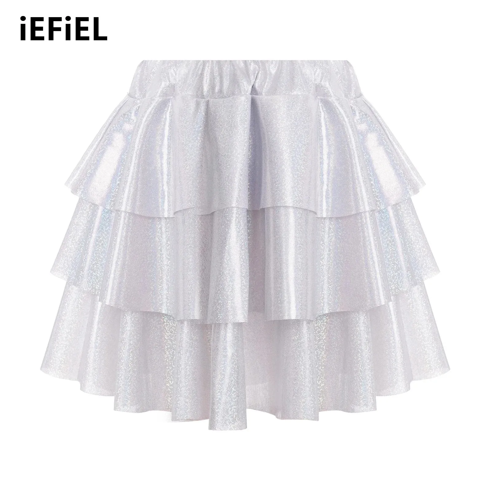 

Kids Girls Metallic Layered Ruffled Skirt Shiny Elastic Waistband Tiered Skirts for Dance Stage Performance