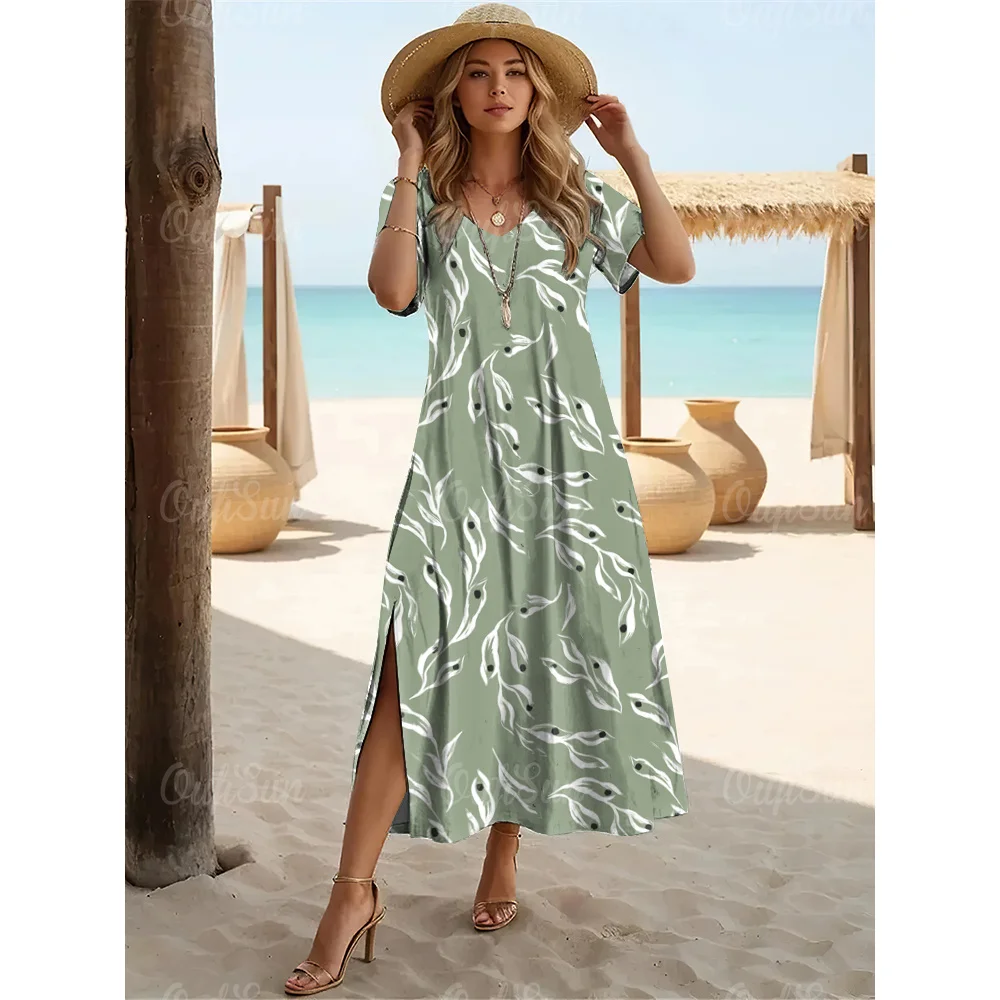 

2024 New Hawaiian Women's Dresses Leaf Print Midi Dresses Vacation Female Short Sleeve Dress Fashion Summer V-Neck Design Summer