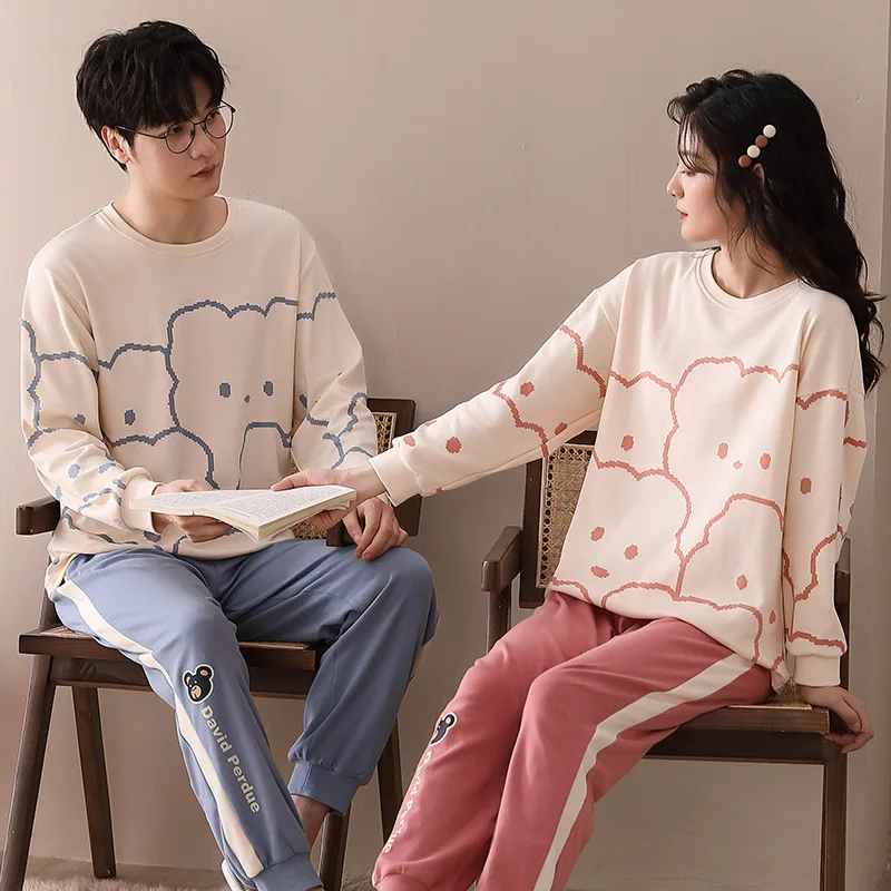 Couples 100% Cotton Homewear Couples Autumn Pajamas Set Women's Printed Nightwear Men's Pyjamas Big Size 3XL Loungewear Dropship