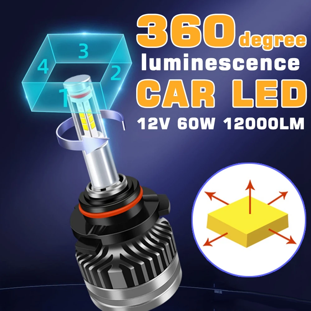 

H7 LED 360 градусов светодиодная лампа фары D2H H1 H11 9012 9005 9006 H4 Дальний свет ближнего света 4 боковых светящихся 60 Вт 12000LM DC9-36V
