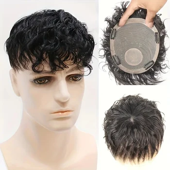 Parrucca corta riccia naturale da uomo Parrucca traspirante in veri capelli umani per la sostituzione sensibile dei capelli del cuoio capelluto con un aspetto naturale