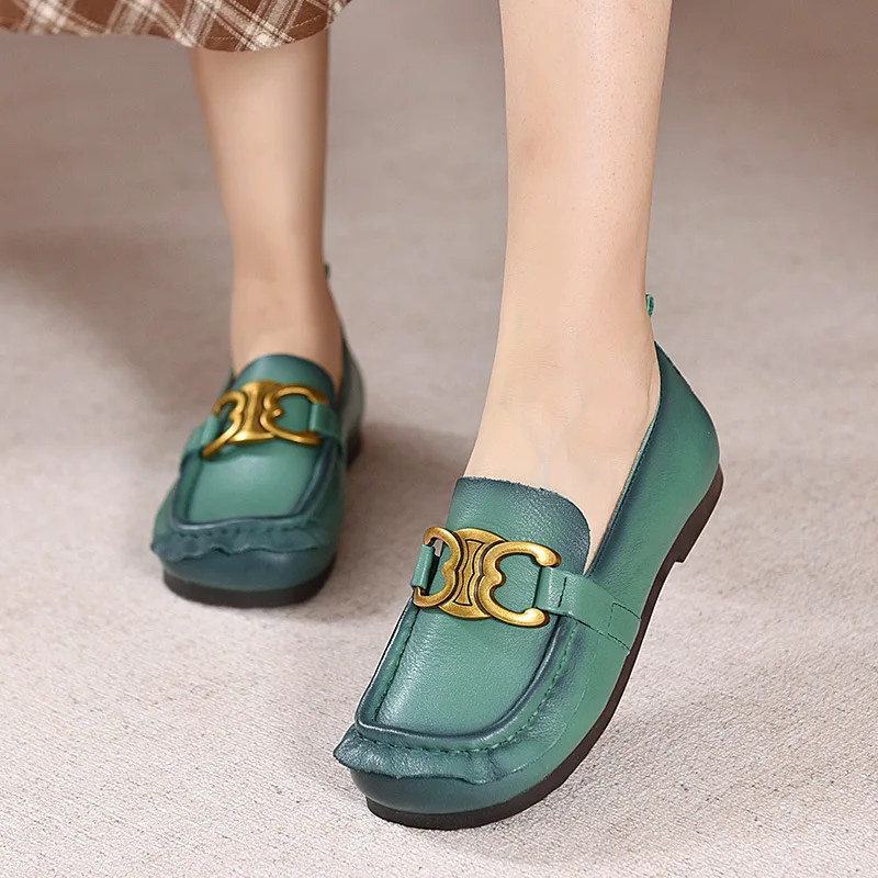 

2022 spring new leather small single shoes women's metal buckle head layer cowhide flat heel women's shoes soft bottom