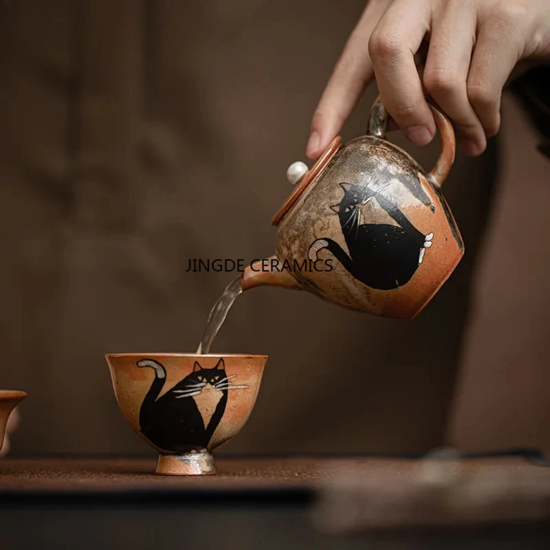 120ml Japanese Wood-fired Porcelain Zhiye Teapot Handmade Gilt Silver Silver Cat  Pot Tea Brewing Kettle Drinkware Decoration