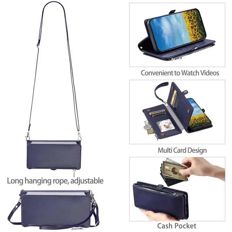Deluxe Leather Flip Phone Case with Long Lanyard and Zipper Wallet Card Holder