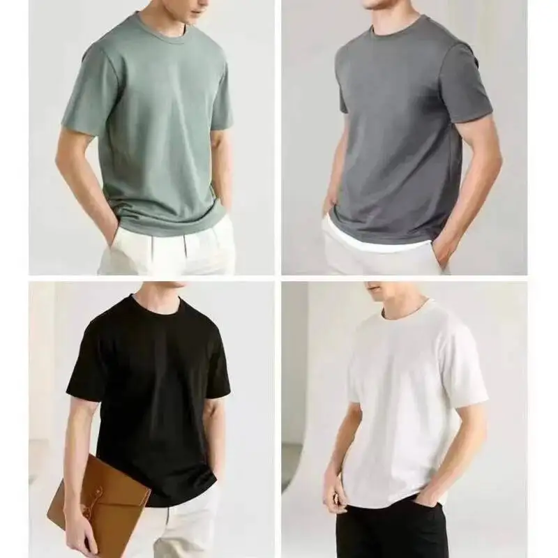 Men T Shirt Summer Mulberry Silk Mercerized Cotton V-neck Loose Short Sleeve 7%Silk