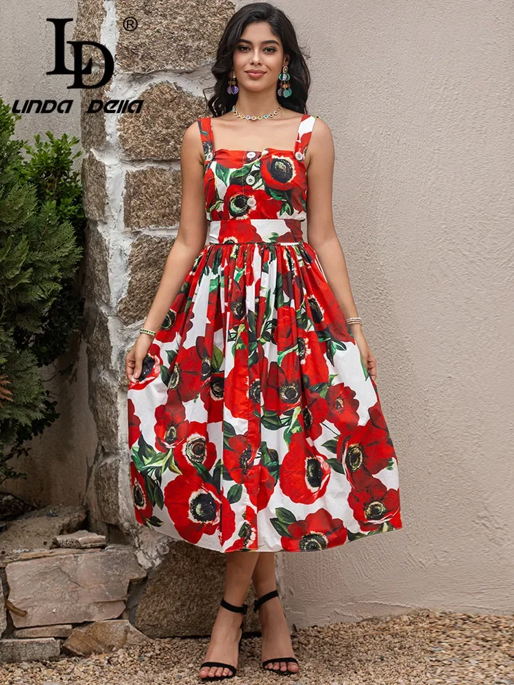 

LD LINDA DELLA Summer Runway Vacation Dress Women's Fashion Spaghetti Strap Flower Print Elegant Party Midi Dress