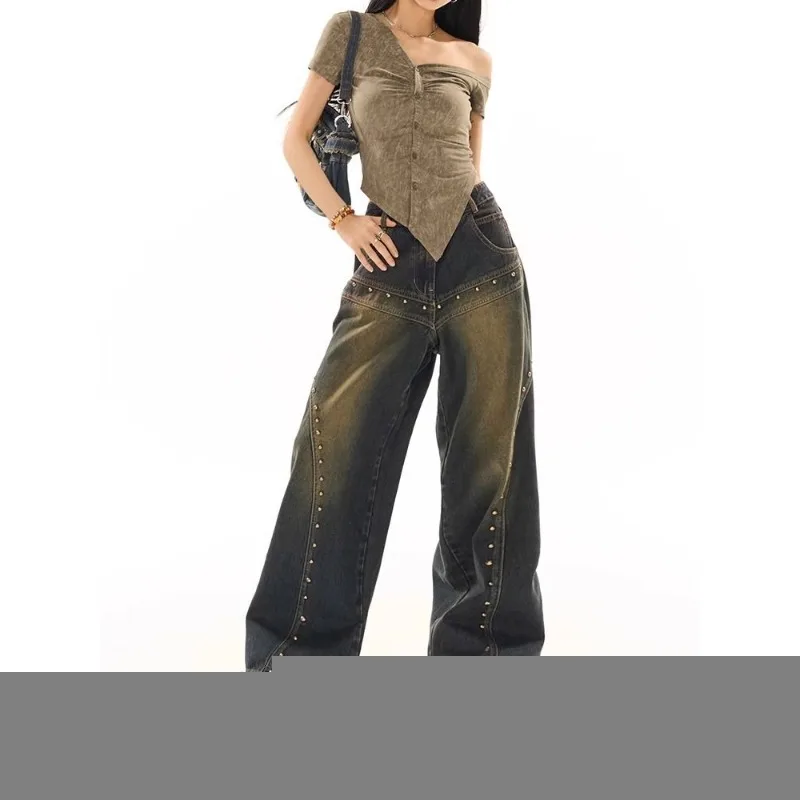 Women Wide-legged Pants Low-rise Jeans Woman's Clothing Studded Vintage Baggy Trouser Streetwear Y2K Hipster Solid Design New