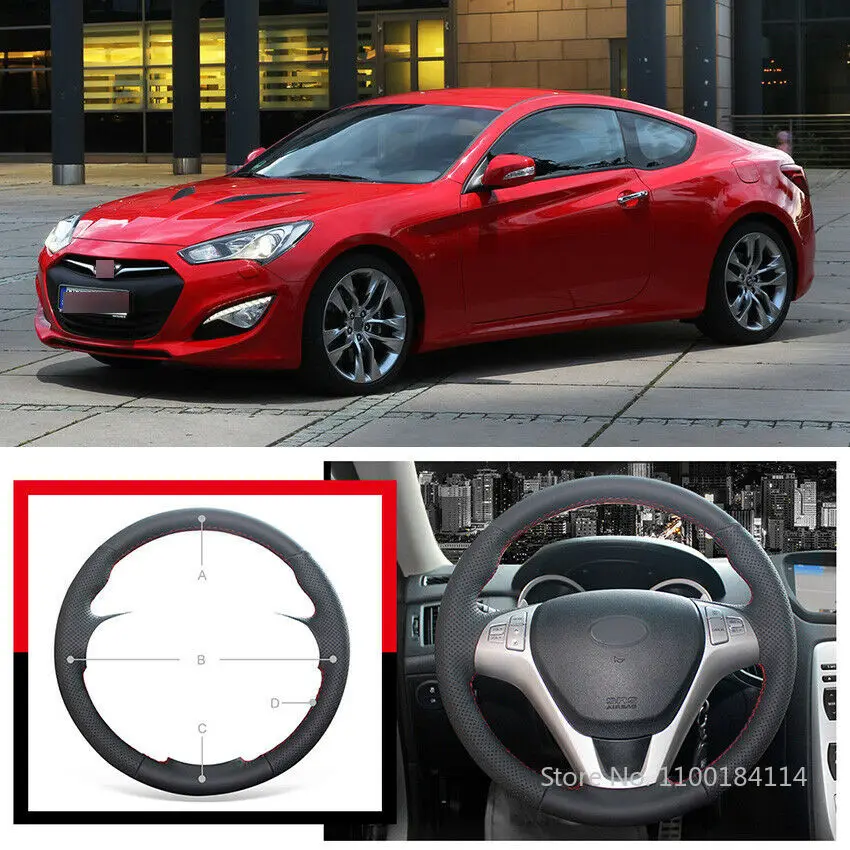 

Hand-stitched Durable Black Leather Car Steering Wheel Cover For Hyundai Genesis Coupe 2010-16