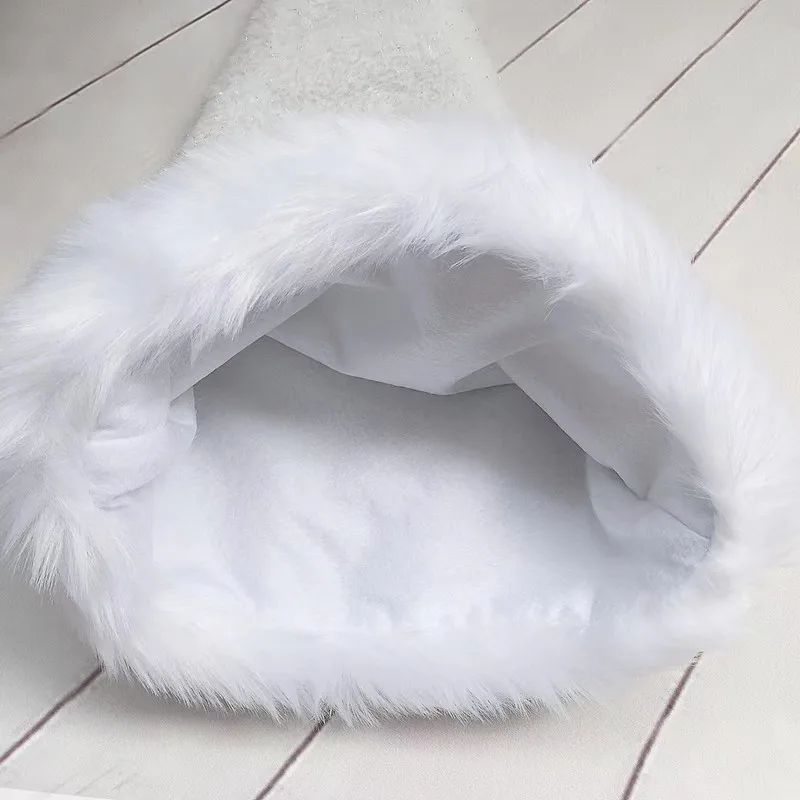 30X45CM White Plush Christmas Hat Unisex Comfort Santa Hat Christmas New Year Festive Holiday Party Supplies with Bright Silk