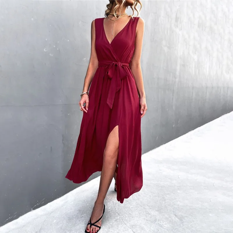 

2023 Summer New Line Women's Solid Color Fresh Sweet Fashion Sexy V-neck High Waist Cross Strap Sleeveless Split Irregular Dress