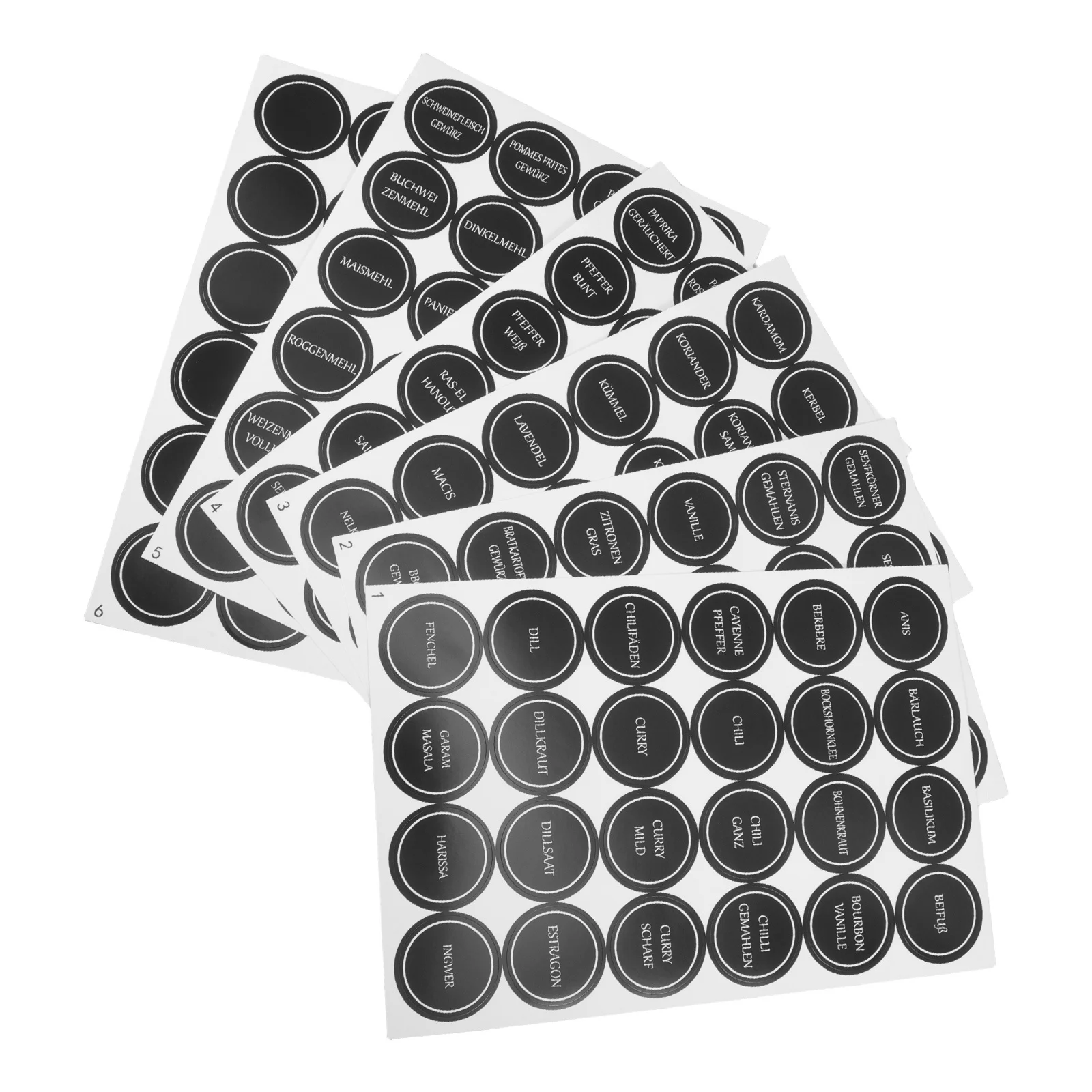6 Sheets German Spice Stickers Round Label Set for Spice Bottles Jars Pantry Containers Kitchen Organization Reusable Chalkboard