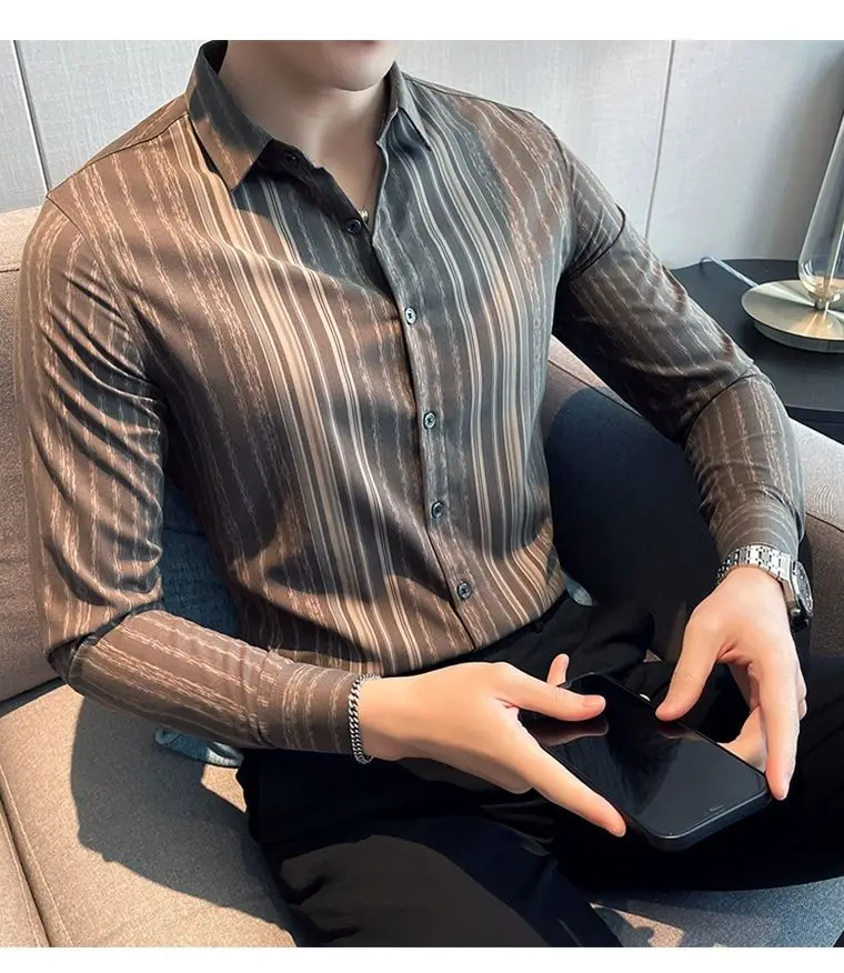 Spring Autumn Striped Printing Bottoming Shirt Men Korean Fashion Long Sleeve Vintage Business Casual Blouse Male Cardigans Top