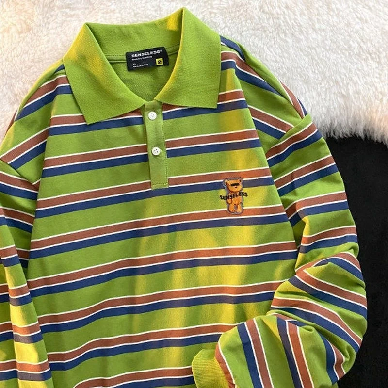 

Американская винтажная полосатая рубашка с вышивкой медвежонка с отворотом для мужчин и женщин Ранняя весна уличная в гонконгском стиле потоотделение