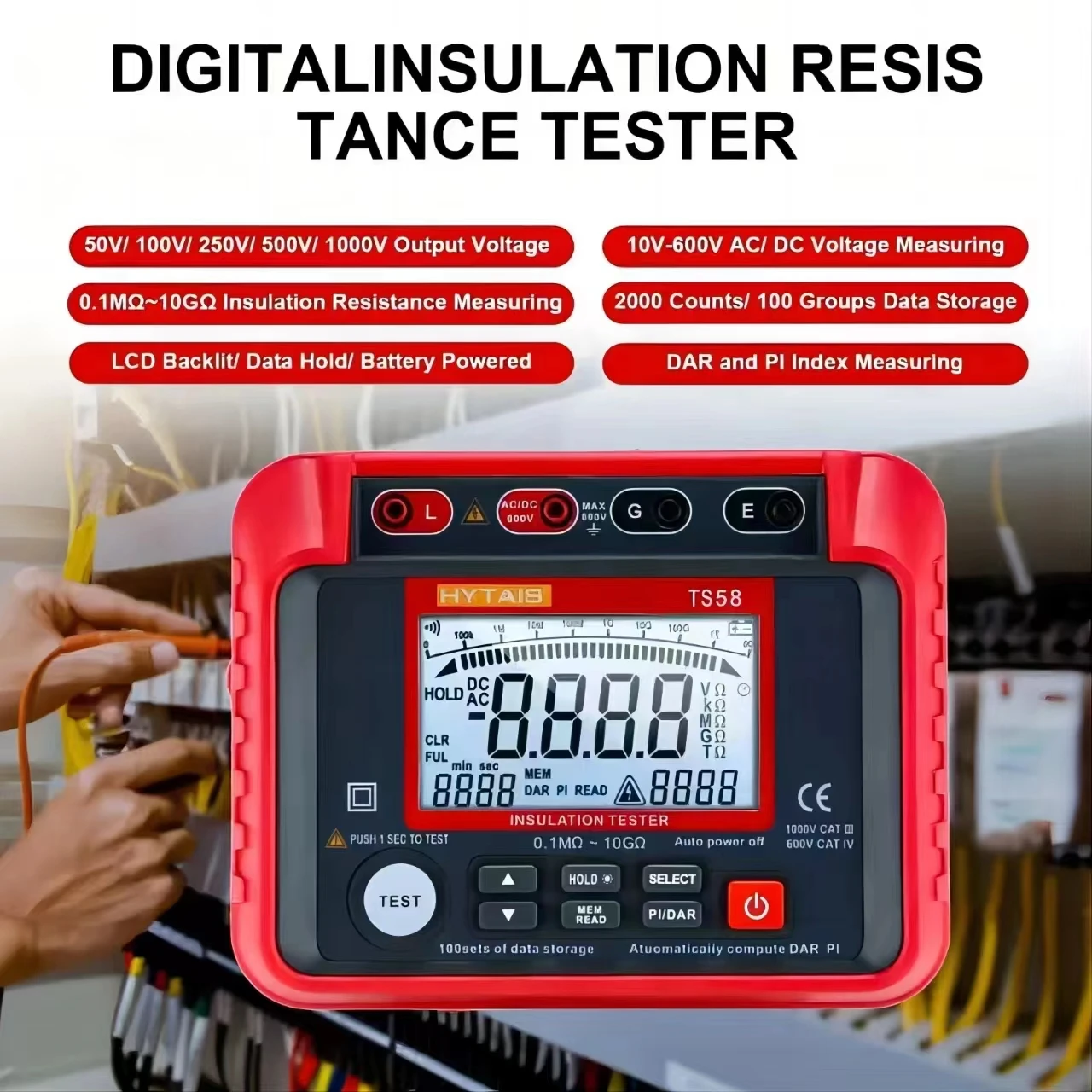 Digital Insulation Resistance Meter Insulated Tester 0.1M&Omega;-10G&Omega; Megohmmeter 2000 Counts AC DC 10-600V DAR PI Index with Backlit