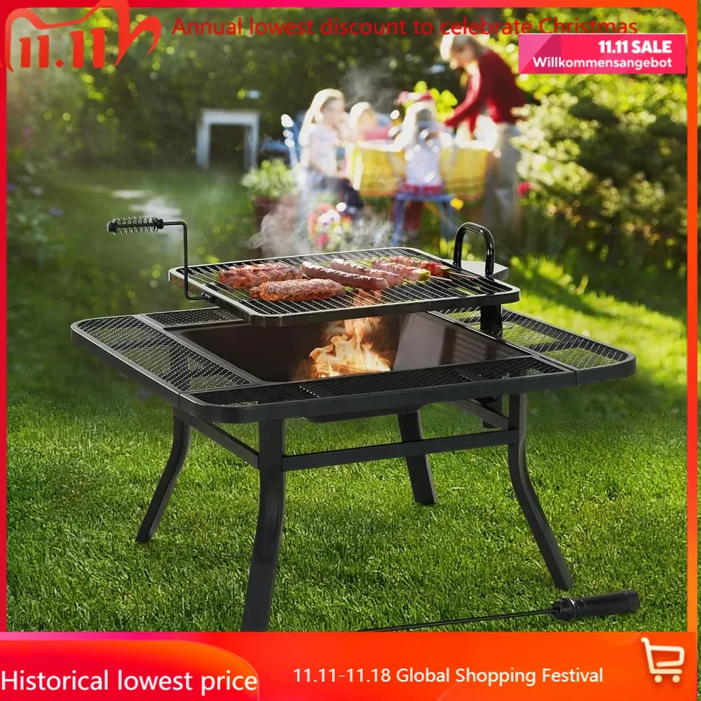 38 in. Fire Pit for Outside, Square Wood Burning Firepit Large Steel Fire Pits with Adjustable Cooking Swivel BBQ Grill a