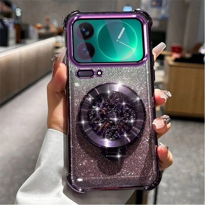 Gradient Glitter Holder Phone Case with Hand Strap and Electroplated Finish