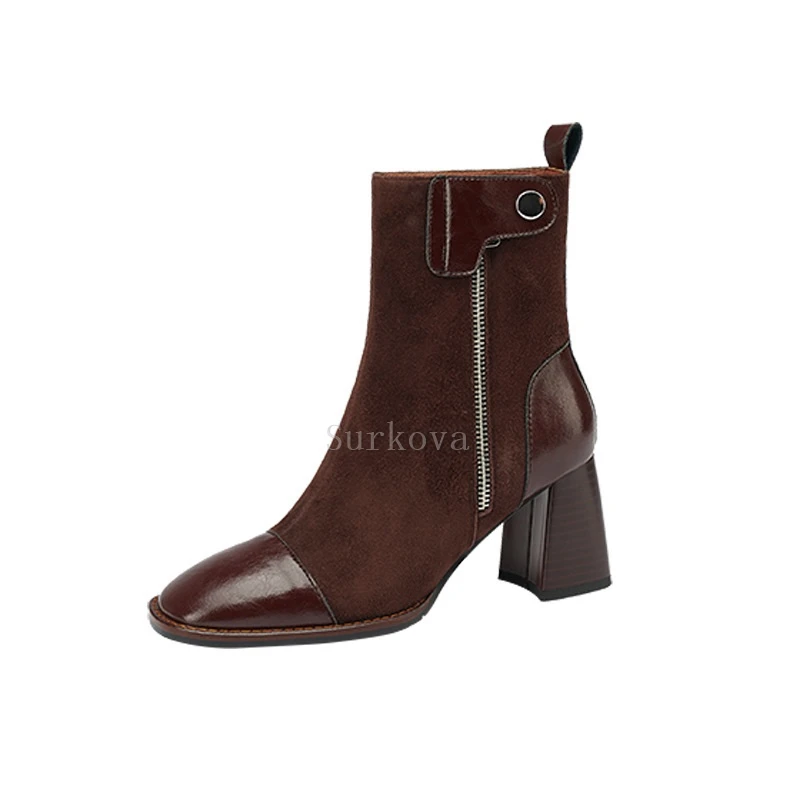 

French Retro High Heel Women's Short Boots 2022 Winter New European American Casual Coarse Heel Side Zipper Knight Boots Fashion