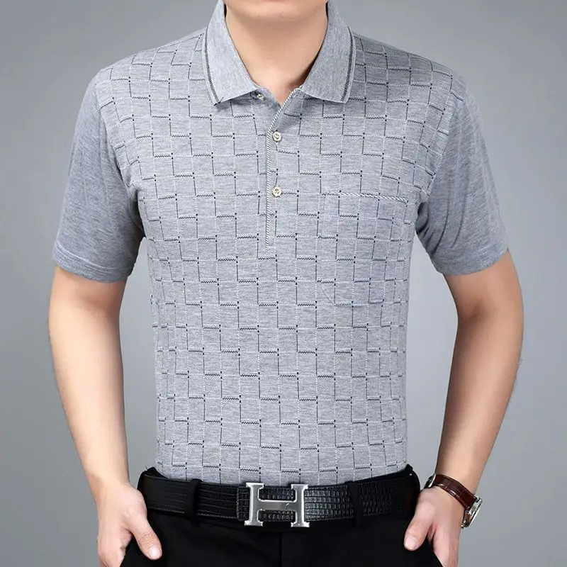 

2023 New Men's Clothing Middle-aged Short Sleeve Lapel Plaid Printed Summer Spliced Pocket Fashion Business Casual Polo Shirt