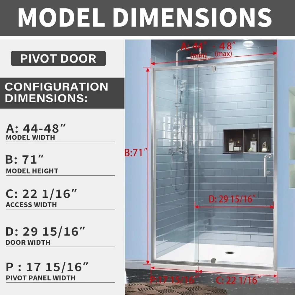 Shower Doors,44-48" W X 71" H, Piovt Swing Glass Shower Door with 1/4" (6mm) Clear SGCC Tempered Glass, Shower Door 3