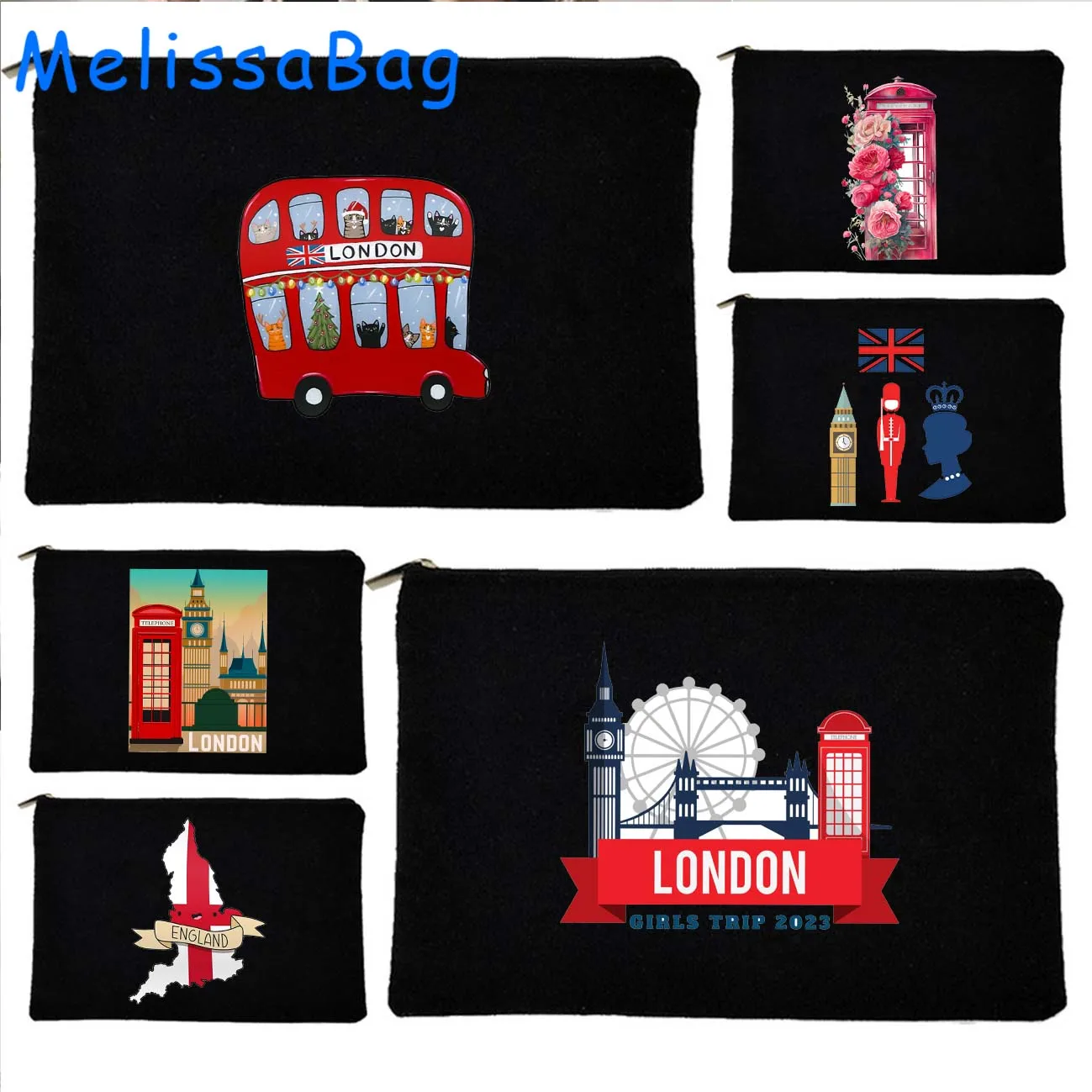 London England Bus Big Ben British Cute Gifts Regno Unito Love Heart Flag Canvas Cosmetic Makeup Bag Astuccio Con Cerniera
