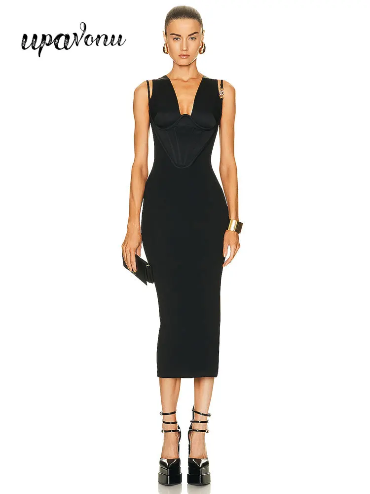 

Elegant Sleeveless Black Bandage Dresses Women's V-neck Bodycon Mid length Dress Cocktail Evening Party Vestidos 2023 Summer