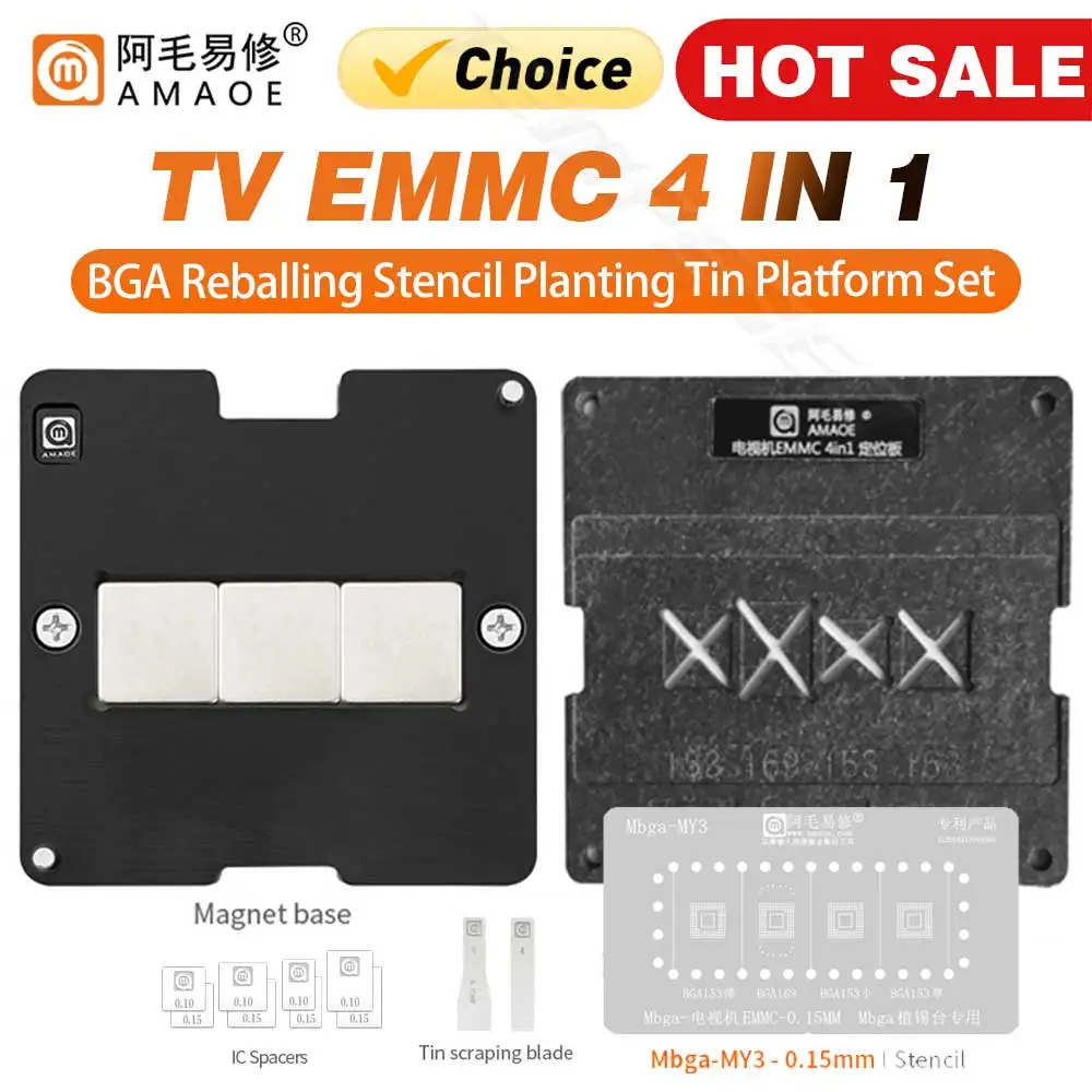 Amaoe TV EMMC 4In1 Magnetic Reballing Stencil Jig Platform BGA153 BGA169 Repair Tools with Mbga-MY3 Net Planting Tin Hand tools