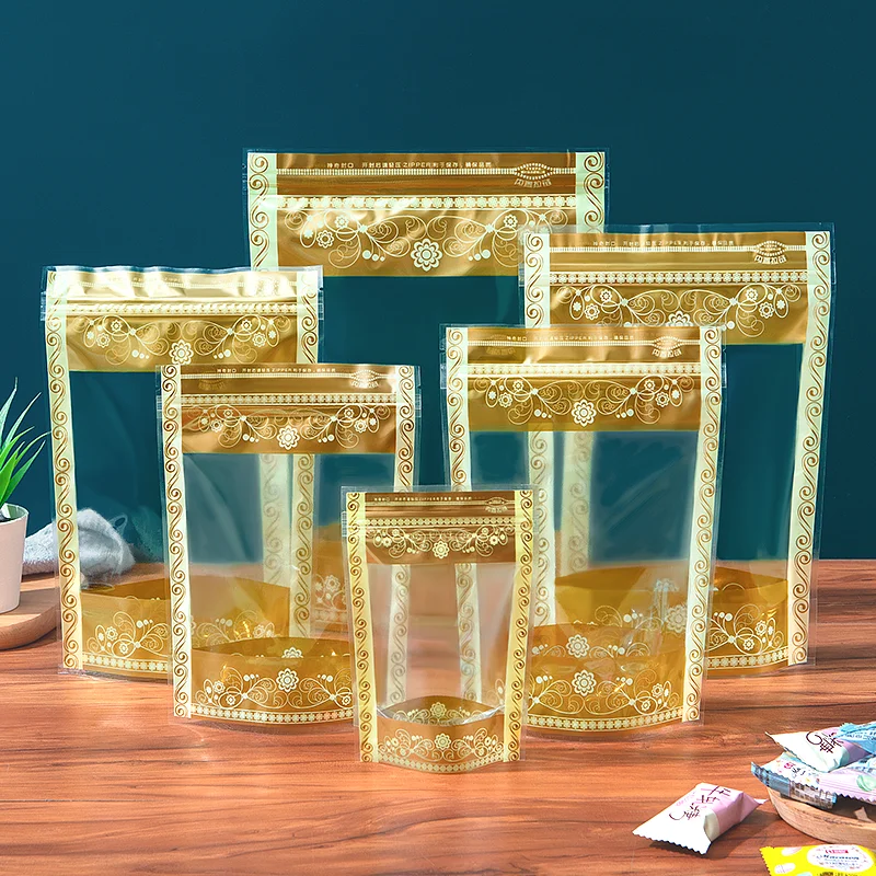 100PCS 스탠드 업 플라스틱 골드 지 플락 투명 창 저장 가방 DIY 말차 커피 스낵 비스킷 캔디 베이커리 차 포장 파우치