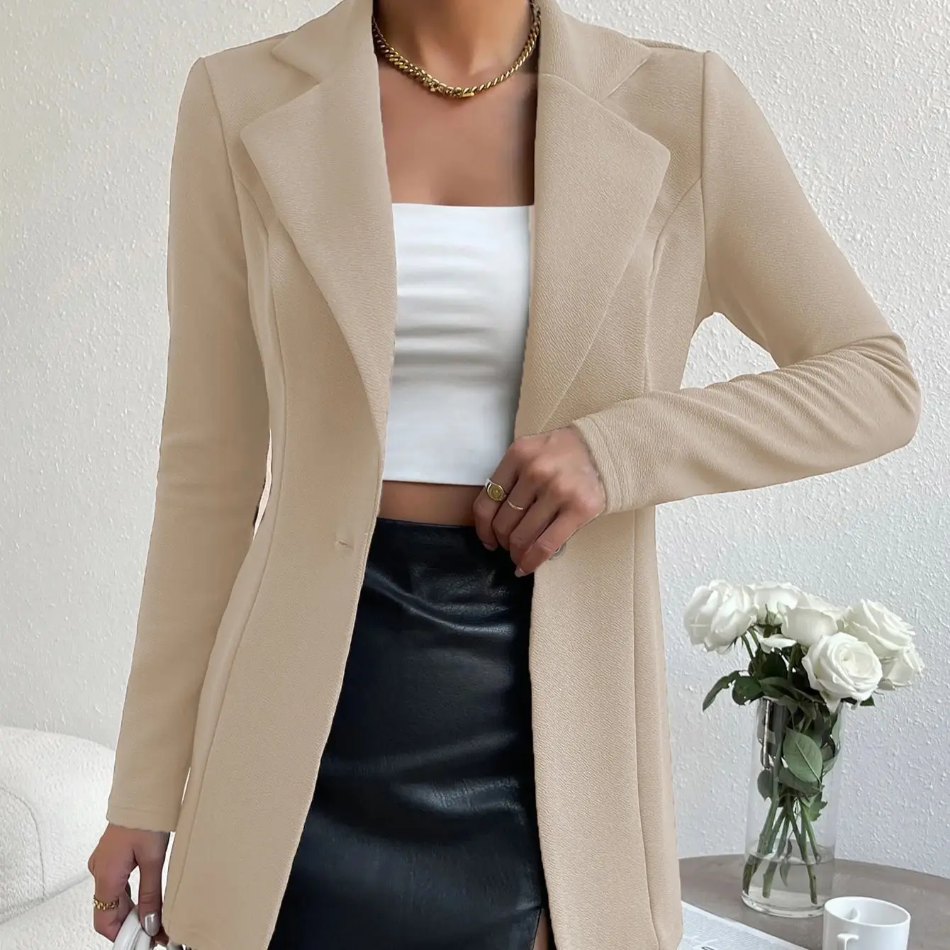 Solid Button Front Blazer, Elegant Long Sleeve Slim Blazer For Office & Work, Womens Clothing