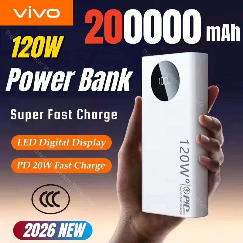 VIVO 200000mAh Power Bank 120W Fast Charging High Capacity Digital Display Portable Battery Charger For iPhone Samsung Huawei