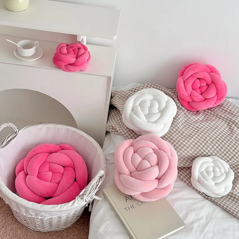 Fluffy Braided Pillow for Sofa and Window Seat, Nordic Ins Rose Pattern Backrest Cushion with Plush Cover Nordic Ins Style
