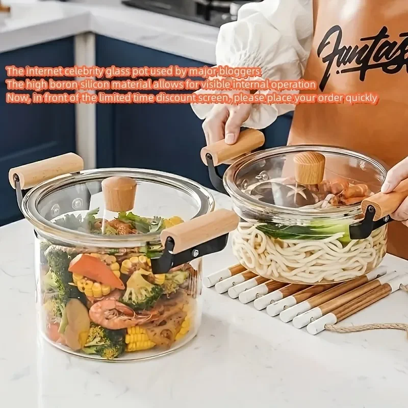 Borosilicate Glass Stockpot With Wooden Handles Kitchen Utensil For Cooking Baking For Hotel/Commercial
