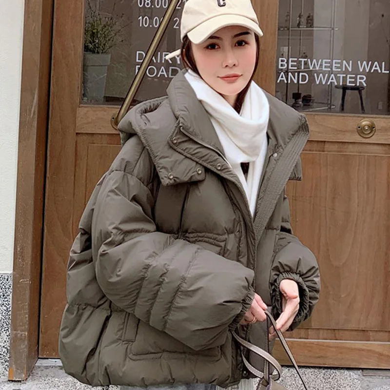 

2023 Winter Version Trendy White Duck down New Loose Hooded Solid Color Fashion Warm All-Matching down Jacket Women