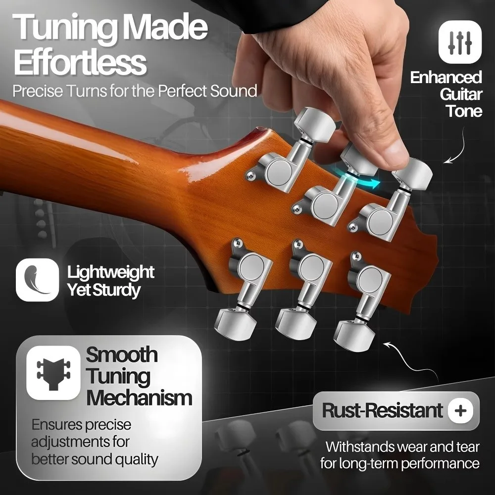 Stimmwirbel für Gitarrensaiten aus Metall, 3L3R-Konfiguration, komplett geschlossener Gitarrenstimmgerät, Mechanikenknopf, Stimmgeräte für klassische Gitarre – Detail 9