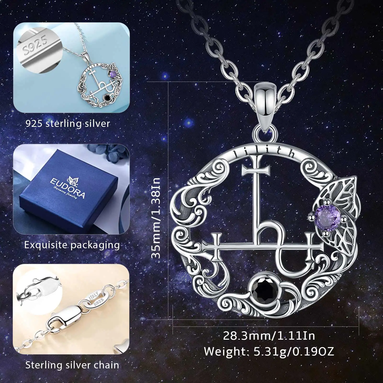 DAOCHONG Collana Sigil Of Lilith In Argento Sterling 925 - Ciondolo Simbolo, Catena Rolo 33+7,6 Cm - Gioiello Esoterico Donna - 4