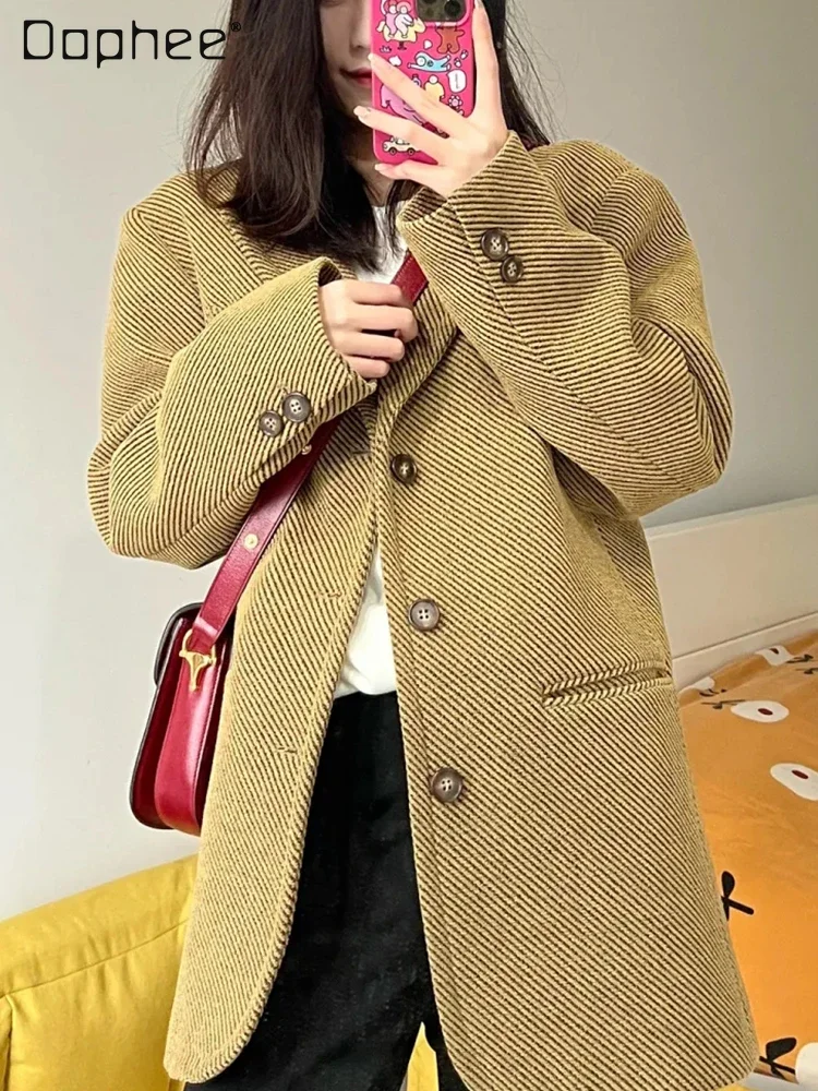 High-end Yellow Twill Thickened Woolen Blazer Female 2023 Autumn and Winter New Korean Style Loose Women's Short Woolen Coats