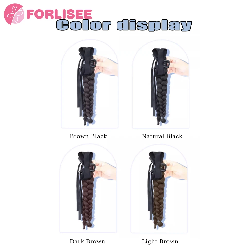 FORLISEE Wig Braid Female Fried Dough Twists Braid Ballet Style Natural Sweet Ribbon Clip Double Braid Ponytail Wig