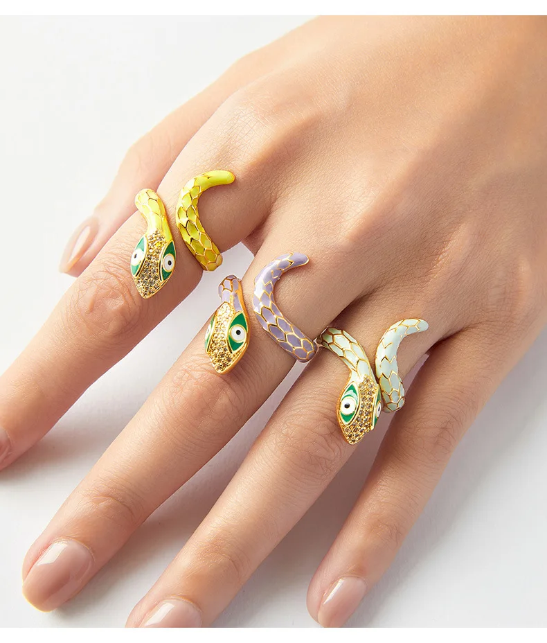 Modischer Farbiger Emaille-Schlangenring für Frauen Kupferfarbenes Niedliches Mädchen-Fingerring Punk Wasserfester Schmuck Geschenk Großhandel – Detail 5