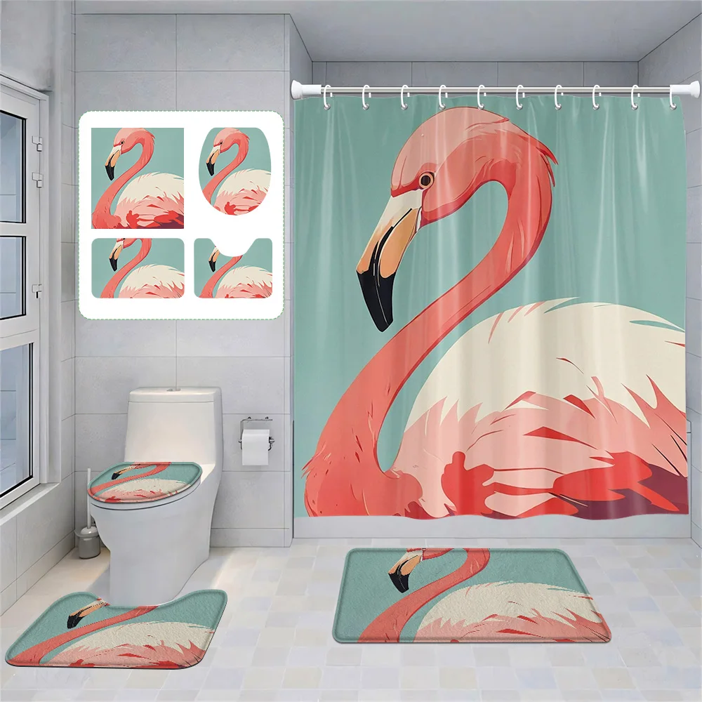 Home shower curtains bathroom Decora waterproof fabric non-slip bath mat water absorption curtain Modern aminal flamingos 5