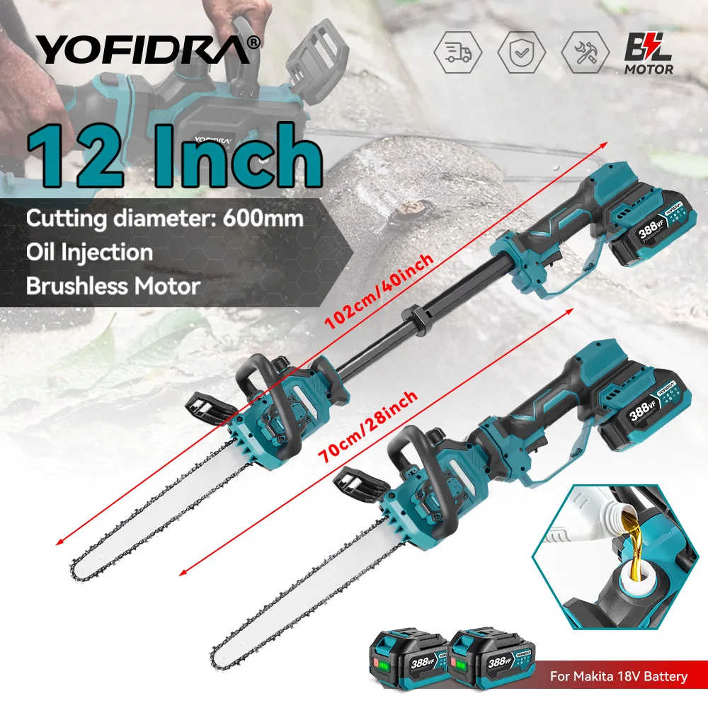 YOFIDRA Brushless Electric Chainsaw 12 Inch 7000W, telescoping pole high branch pruning garden tool compatible with Makita 18V battery pin