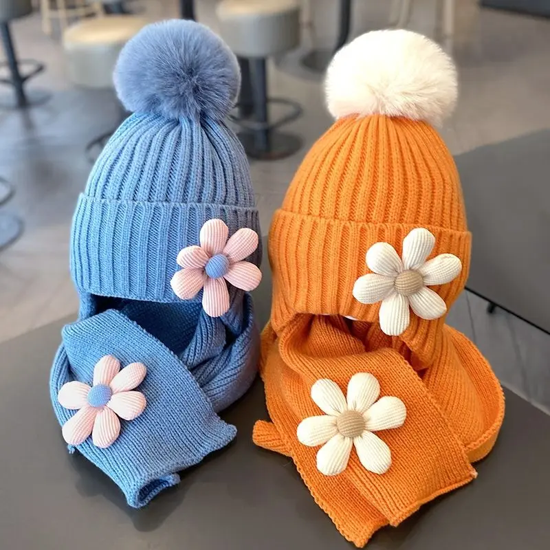Cute Floral Children Hat Winter Soft Warm Knitted Girl Hats Beanie Solid Color Infant Toddler Cap Bonnet Kids Caps 1-5 Years Old