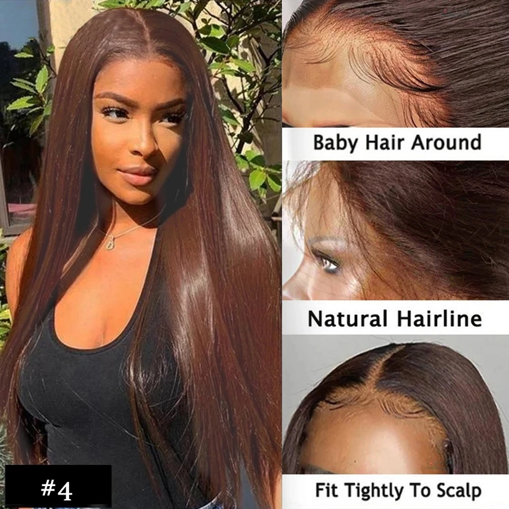 Chocolate Brown Color 4# Brazilan Straight Lace Frontal 13x5 Human Hair Wigs HD Lace Transparent Wig Natural Remy Glueless Sleek