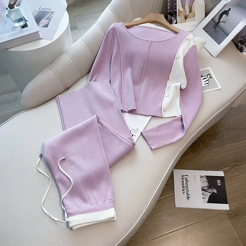 

2-Piece Knitted Tracksuit Set for Women Long Sleeve, Button Sweater Knitted Tops Wide-Leg Pants Purple Casual Suit Korean Autumn