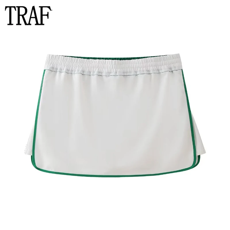 

TRAF White Piping Skirt Shorts Women Mid Waist Beach Shorts for Women Skort Contrast Pleated Women's Shorts Streetwear Shorts